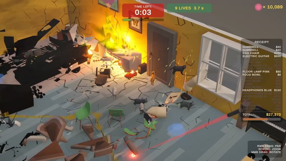 A wrecked, burning room after the 9 LIVES power, the receipt at $27,370
