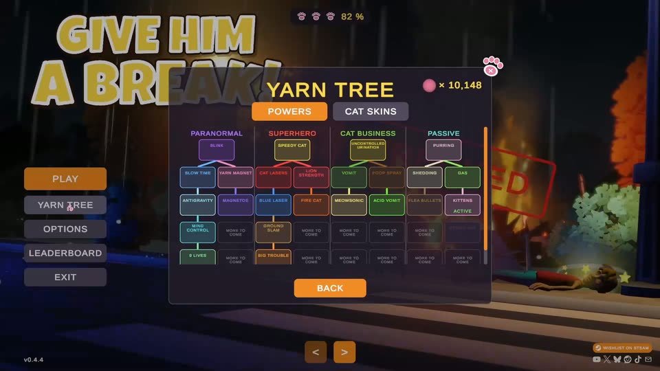 The yarn tree menu with powers and cat skins to unlock